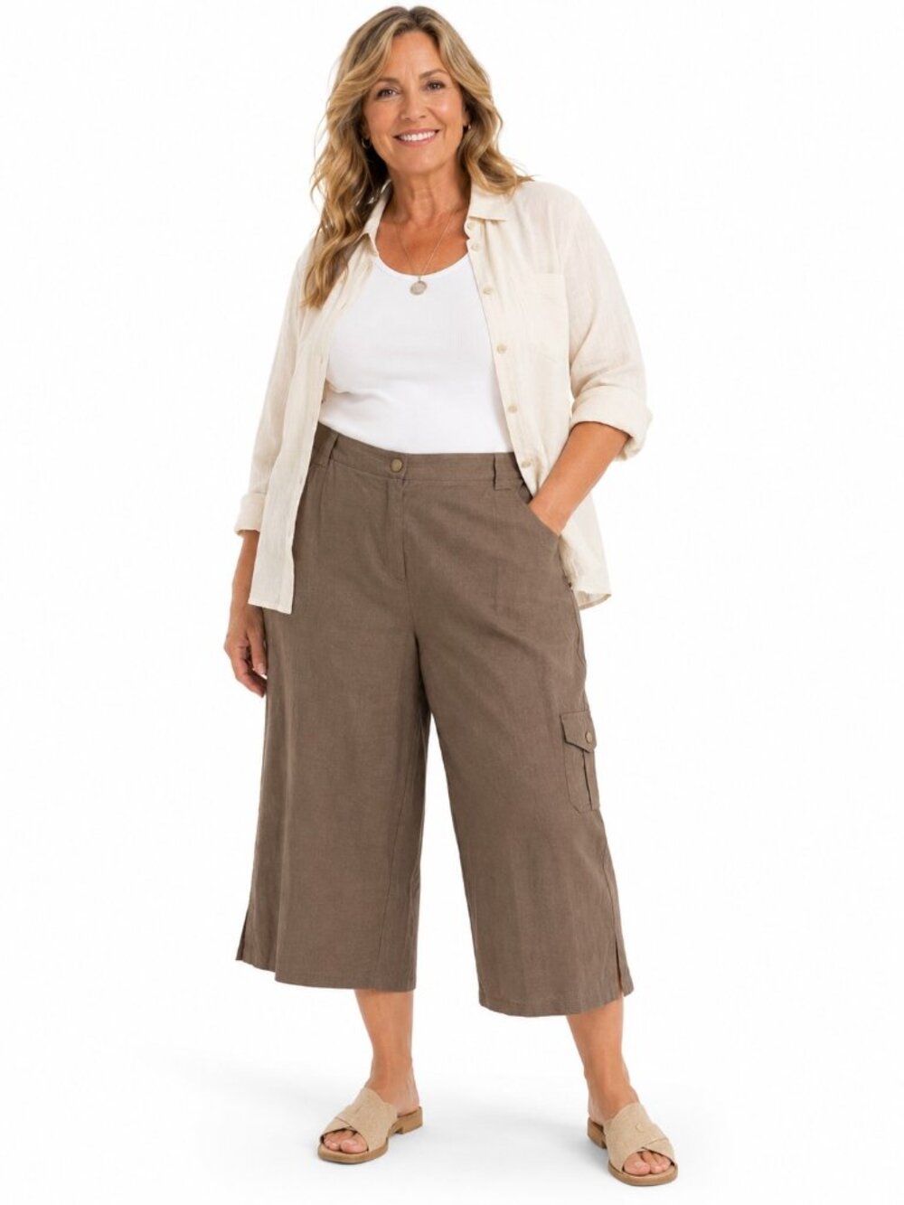c.l.o.t.h.e.s Woman Molokai Mocha Cropped Linen Blend Capri Pants Womens 22W NWT